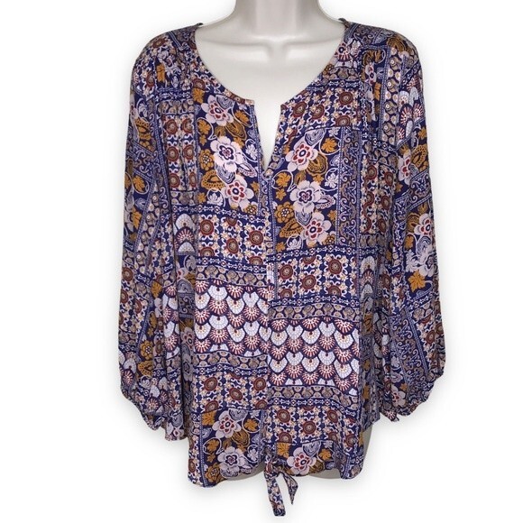 Collective Concepts Print Boho Tie Front Long Sleeve Blouse Womens Size XL - Picture 1 of 12